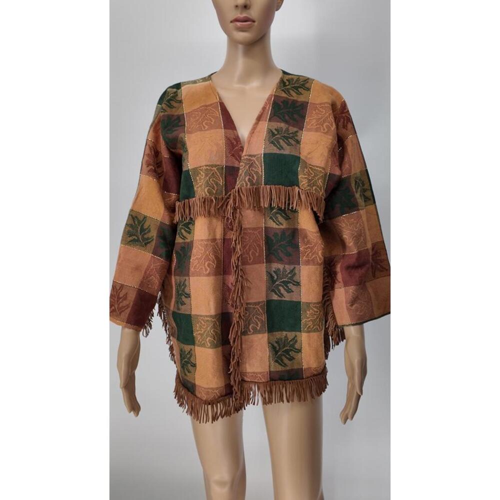 Vintage Boho Patchwork Fringe Jacket Brown Green Burgundy Suede Style L